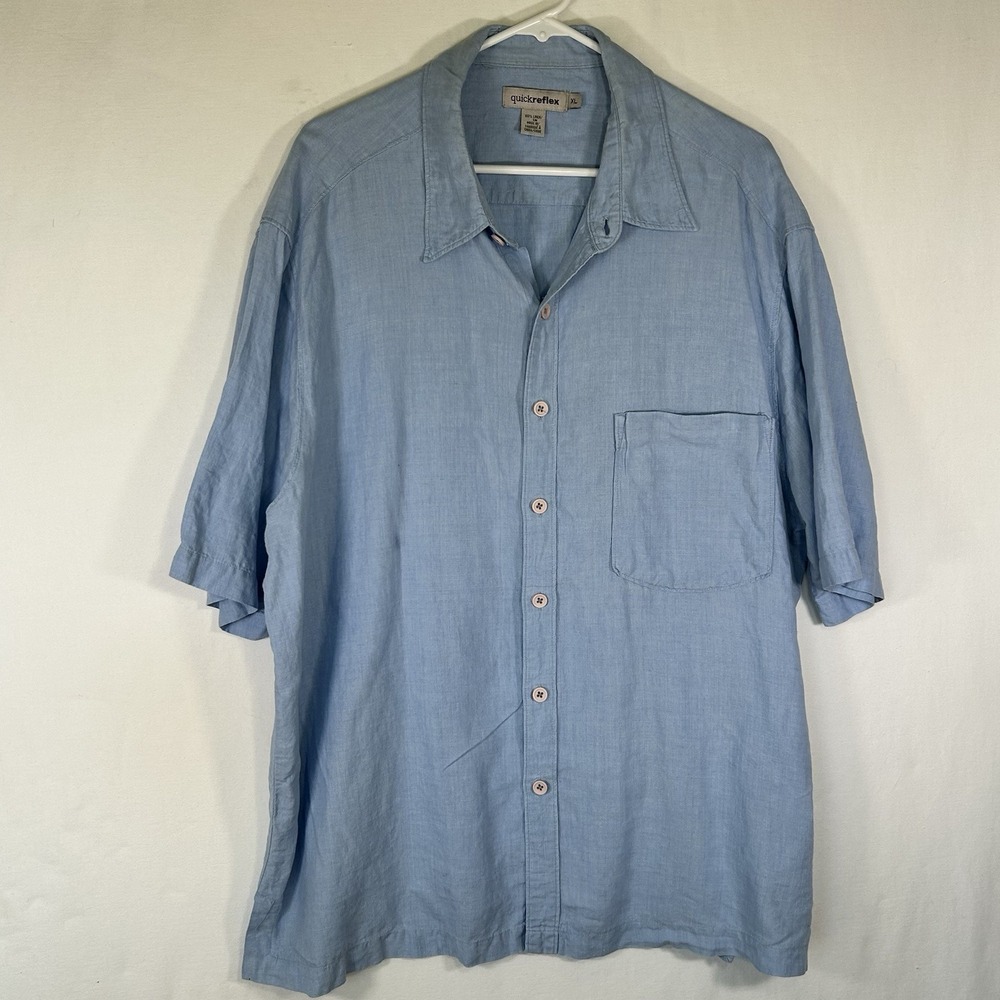 QUICKREFLEX Men XL Linen Shirt Light Blue Short Sleeve Tesorr Beach Button Up
